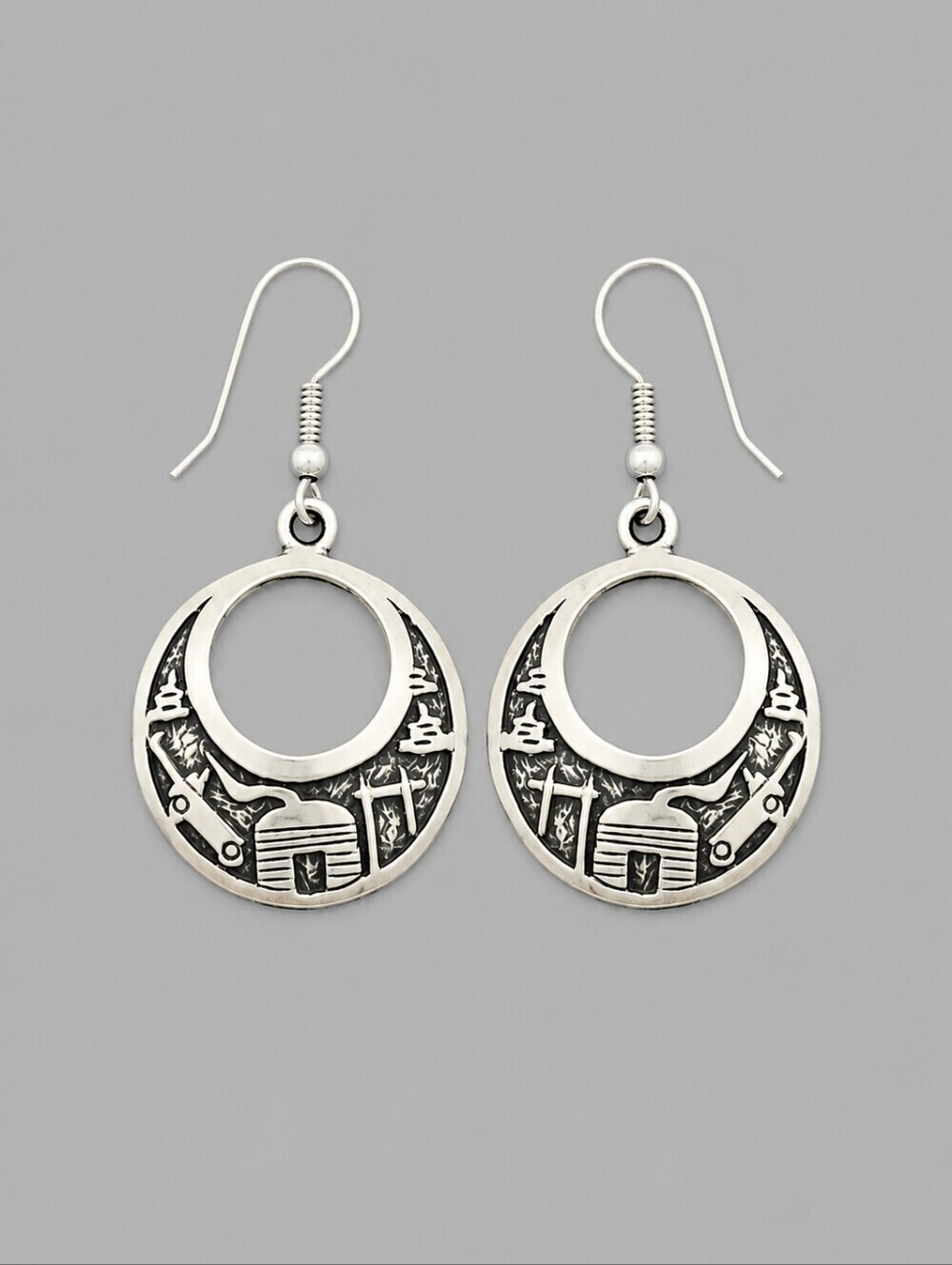 Sterling Oxidized Silver Hoop Dangle Hook Earrings